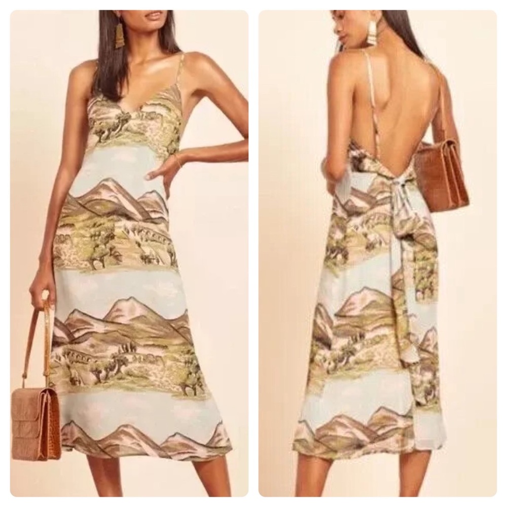 Reformation Dietrich Dress Size 2 Landscape Print Mountains Slip Backless